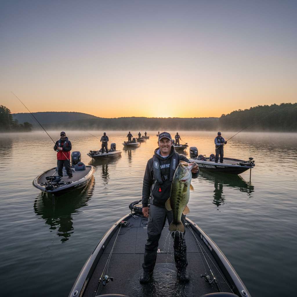Anglers at dawn participating in a tournament on a lake