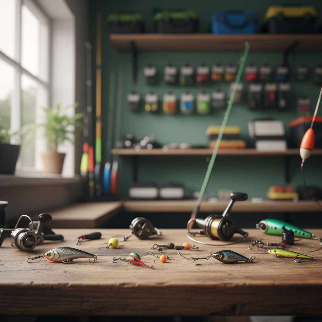 Out-of-focus fishing tackle in background