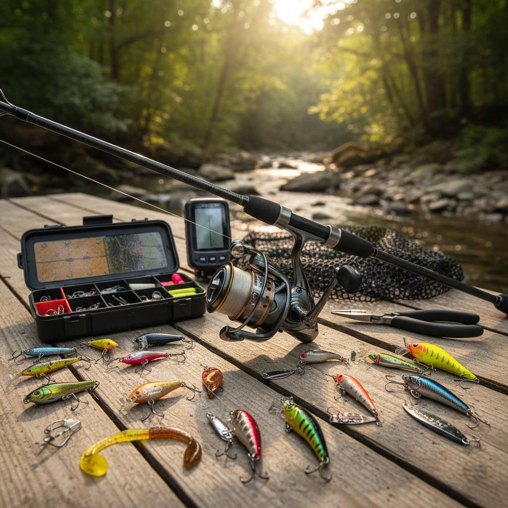 Premium selection of fishing rods, reels, and tackle on rustic table