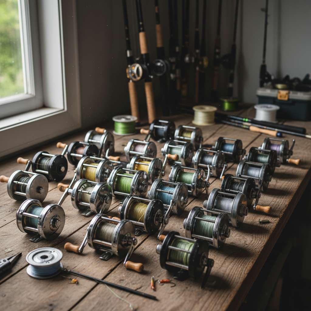 Closeup of fishing reels in shop