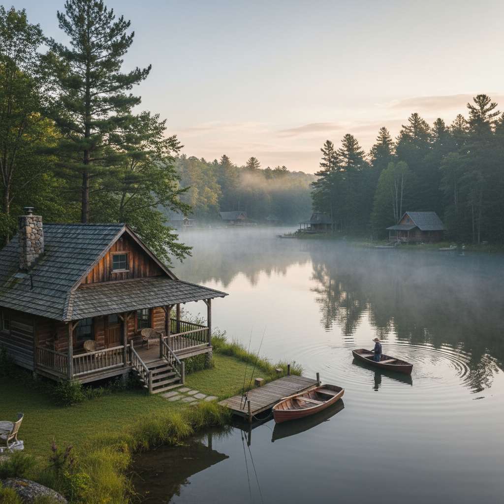 Peaceful fishing lake with dock and forest backdrop